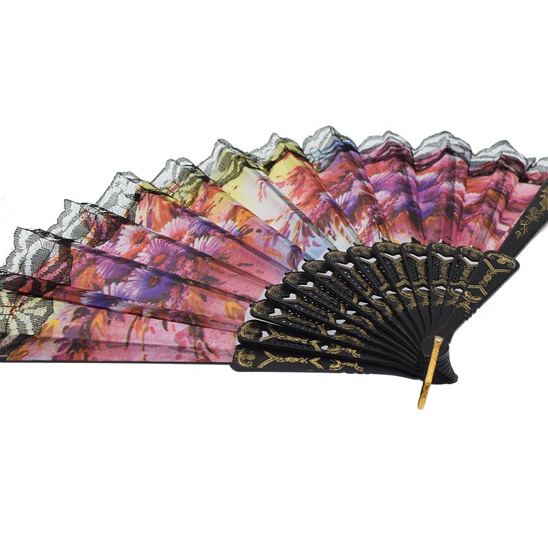 YOKIND 10 Pack Vintage Spanish Floral Folding Hand Fan Sequin Fabric Folding Handheld Hand Fan, Random Color - Image 4